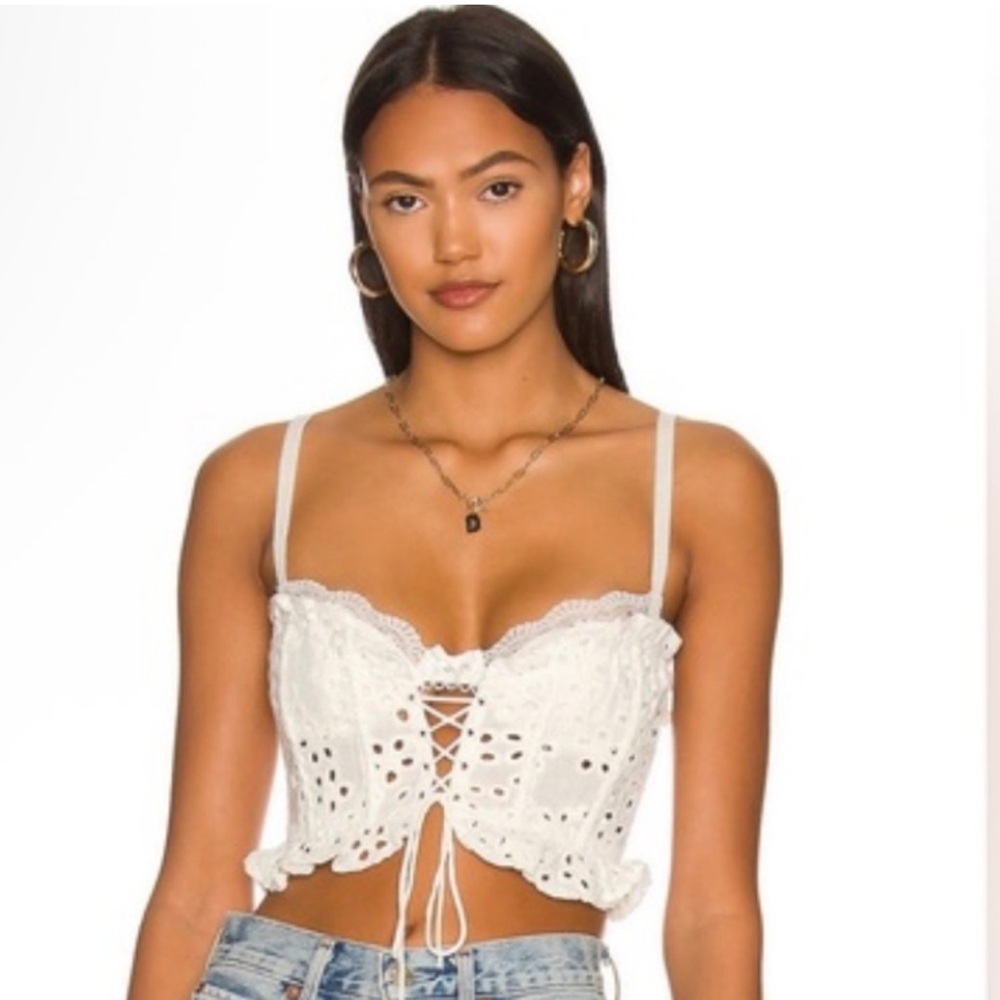 For Love And Lemons Ivory Lace-Up Crop Top
